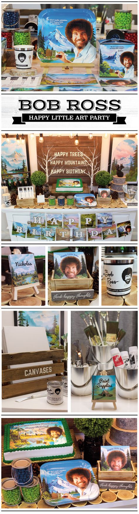 Best Party theme idea of 2018! Our new Bob Ross party is perfect for anyone planning a birthday, office party, baby shower, sweet 16, art party, or graduation party.  We have all the party supplies and decorations you need.  Don’t forget the Happy Little Tree napkins :) Bob Ross Party, Party Time Meme, Bob Ross Birthday, Prime Party, Funny Birthday Meme, Happy Birthday Kids, Bob Ross Paintings, Party Themes For Boys, Fun Party Themes