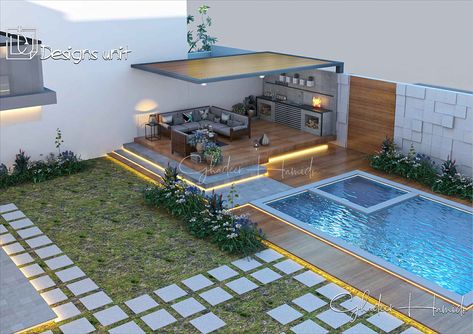 Modern Landscape Design - Project A062 on Behance Modern Pool Backyard Design, Minimalist Backyard, House Balcony Ideas, Luxury Landscape Design, Landscape Villa, Barbeque Design, Terrace Pool, Pool House Designs, Villa Pool