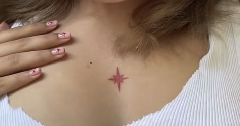 Small Star Chest Tattoo, Seven Pointed Star Tattoo, Star On Chest Tattoo, Pink Star Tattoo, Chest Star Tattoo, Star Birthmark, Star Chest Tattoo, Suntan Tattoo, North Star Tattoo