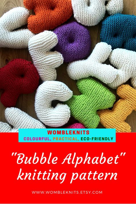 Bubble Writing Alphabet, Stuffed Letters, Bubble Writing, Writing Alphabet, Letter Cushion, Knitting Diy, Knitters Gifts, Easy Knitting Projects, Lace Weight Yarn