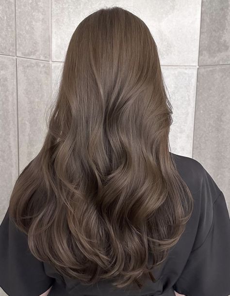 Brown Hair For Asian Women, 7.1 Hair Color, Korean Soft Perm, Cool Beige Brunette, Pearl Brown Hair, Soft Ash Brown Hair, Old Money Hair Color Brunette, Milk Brown Hair Color, Ashy Chocolate Brown Hair