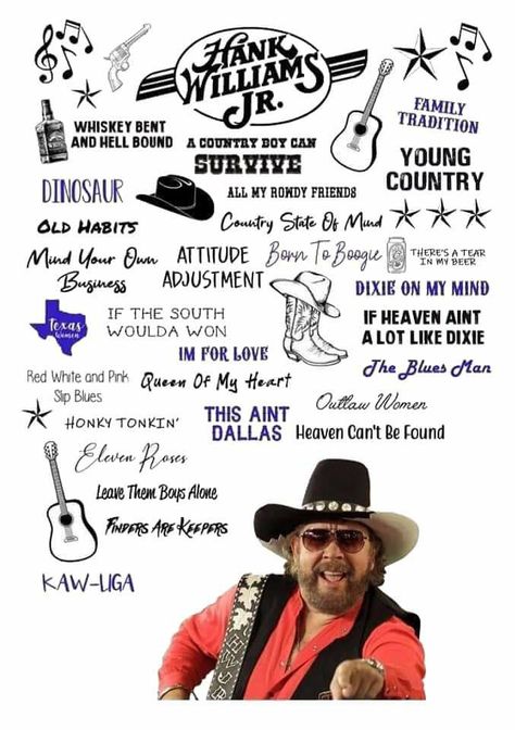 Hank Jr Tattoo, 90s Country Tattoo, Country Singer Tattoos, 90s Country Music Quotes, Country Song Lyric Tattoos For Women, Hank Williams Jr Tattoo, Hank Williams Jr Quotes, Country Lyric Tattoos, Country Music Tattoos