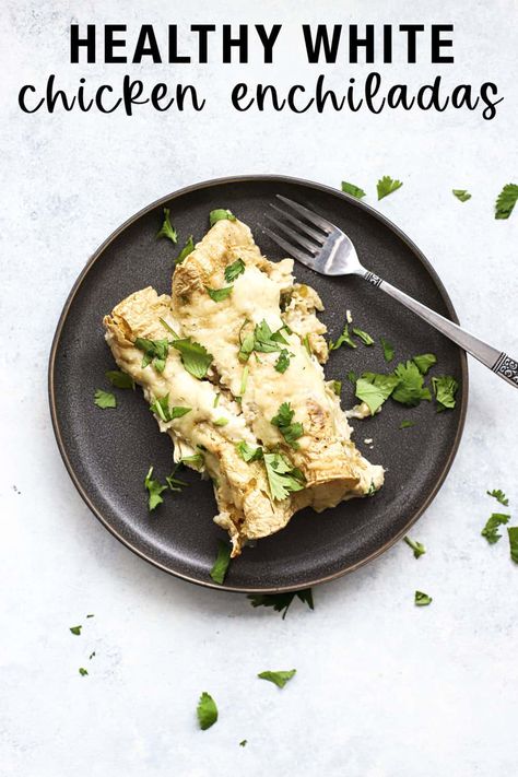 These healthy white chicken enchiladas are creamy, cheesy, and so comforting! With a few healthy ingredient swaps (Greek yogurt for sour cream), these enchiladas become a protein-packed way to get your healthy comfort food fix. The authentic coriander-spiced white enchilada sauce *makes* this recipe. Your whole family will love them! #chickenenchiladas #healthycomfortfood #easywhitechickenenchiladas #healthymexicanfood #healthywhitechickenenchiladas Healthy White Chicken Enchiladas, White Sauce Chicken Enchiladas, Healthy White Sauce, White Enchilada Sauce, Sour Cream Enchilada Sauce, White Sauce Chicken, Healthy Sour Cream, Healthy Chicken Enchiladas, Sour Cream Enchiladas