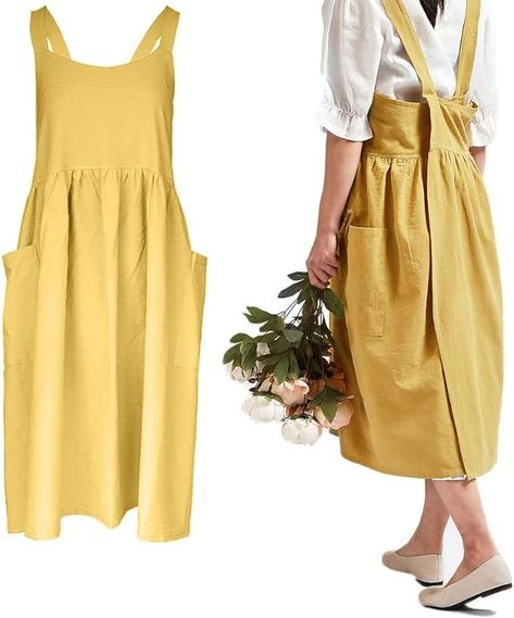 Amazon.com: Women Girls Vintage Cute Apron Gardening Works Cross Back Cotton/Linen Blend Aprons Pinafore Dress with Two Pockets (yellow) : Home & Kitchen Vintage Apron Dress, Square Apron, Vintage Pinafore, Convertible Clothing, Artist Smock, Branded Aprons, Apron Pinafore, Cute Apron, Cross Back Apron