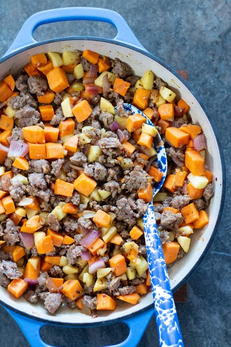 Sweet Potato And Sausage Skillet, Sweet Potato And Sausage, Apple Gouda, Potato And Sausage, Cosmopolitan Cornbread, Potato Sausage, Homemade Breakfast Sausage, Sausage Hash, Sweet Potato Skillet