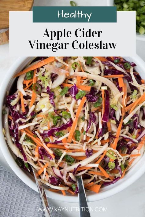 This mayo-free coleslaw is a healthy take on a classic coleslaw. It's made with apple cider vinegar dressing and full of flavor. Mayo Free Coleslaw, Coleslaw With Vinegar Dressing, Coleslaw No Mayo, Vinegar Coleslaw Recipe, Apple Cider Vinegar Coleslaw, Sweet Slaw, Microgreen Recipes, Kay Nutrition, Homemade Vinegar