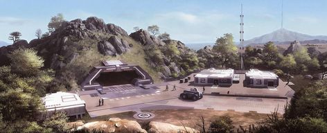 Sci-Fi Hill Base by JamesLedgerConcepts Sci Fi Base, Crimson Skies, Military Bunkers, Sci Fi Rpg, Sci Fi Architecture, Space Engineers, Base Building, Army Base, Sci Fi Environment