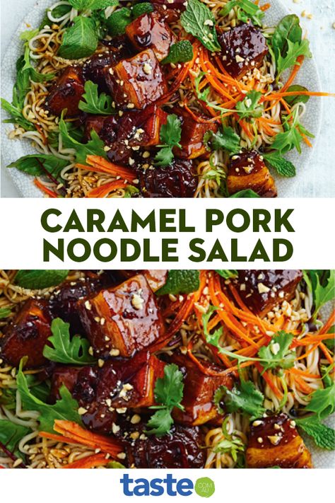 Quicker than takeaway, we've combined supermarket pork belly bites and sauces with fresh veg and egg noodles for an easy Asian dinner in just 20 minutes! #dinner #dinnerideas Pork Belly Salad Recipes, Pork Belly Salad, Pork Belly Sides, Crispy Pork Belly Bites, Easy Asian Dinner, Caramel Pork, Pork Belly Bites, Exotic Recipes, Pork Bites