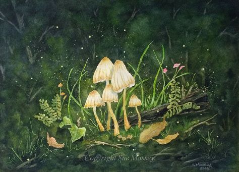 Watercolor Mushroom Forest, Magical Watercolor Paintings, Magical Forest Watercolor, Whimsical Forest, Woodland Art, Cute Paintings, Forest Creatures, Diy Watercolor Painting, Forest Painting