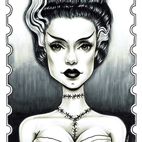 Bride Of Frankenstein Drawing, Frankenstein Drawing, Tom Whalen, Frankenstein Art, Pin Up Drawings, Queen Anime, Dark Artwork, Goth Art, Classic Monsters