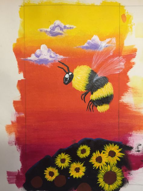 Consistency of the paint and multiple layers help getting the right texture #bumblebeemovie #bees #aesthetic #art #warm #sunset #sunflower #clouds Bees Aesthetic, Aesthetic Bee, Sunset Sunflower, Warm Sunset, Acne Mask, Jar Ideas, Poppy Painting, Halloween Pumpkins Carvings, Canvas Painting Diy