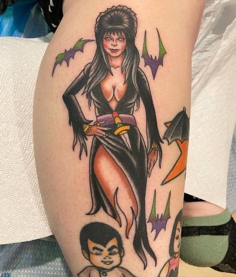 Elvira Pinup Tattoo, Elvira Tattoo, Elvira Mistress Of The Dark Tattoo, Vampire Pinup Tattoo, Elvira Comic Art, Monster Pinup Tattoo, Elvira Mistress Of The Dark Art, Hex Girls, Cassandra Peterson