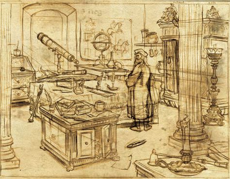 Da Vinci's workshop sketch Da Vinci Sketches Inventions, Scifi Workshop, Inventor Workshop, Alchemist Workshop, Inventors Workshop, Alchemist Lab, Da Vinci Inventions, Layout Composition, Workshop Event