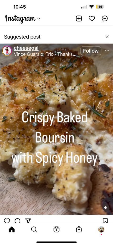 Crispy Baked Boursin With Spicy Honey, Crispy Baked Boursin, Baked Boursin Cheese, Baked Boursin, Boursin Cheese, Spicy Honey, Hors D'oeuvres, Looks Yummy, Christmas 2022