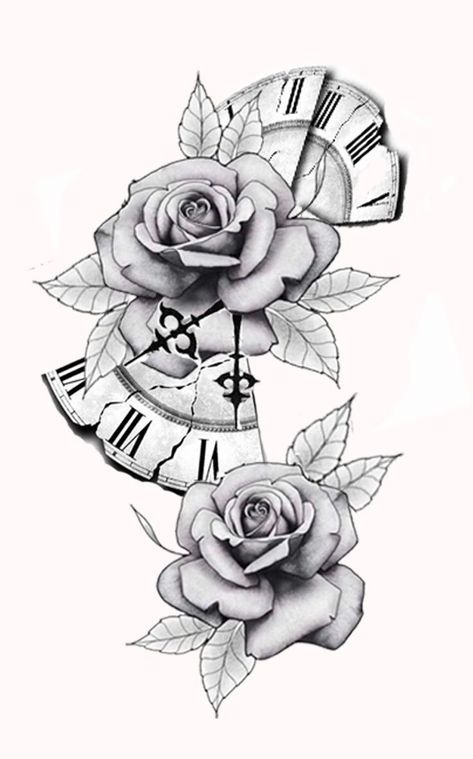 Half Clock Tattoo Design, Shoulder To Chest Tattoo For Men, Cool Tattoo Stencils For Men, Half Sleeve Flower Tattoo, Tiktok Drawings, Clock And Rose Tattoo, Tattoo Wings, Flower Tattoo Stencils, Half Sleeve Tattoo Stencils