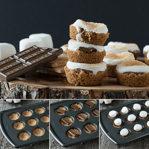 Smores Bites - a twist on the classic s'more made in the oven! Oven Smores, Smores Bites, Indoor Smores, Finger Food Desserts, Smores Dessert, Smore Recipes, Chocolate Candy Recipes, Chilled Desserts, Milk Chocolate Candy