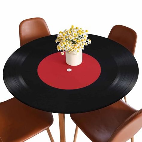 Black Table Decor, Record Decor, Round Tablecloths, Table Cloth Decorations, Cactus Design, Picnic Party, Black Table, Outdoor Parties, Round Tablecloth