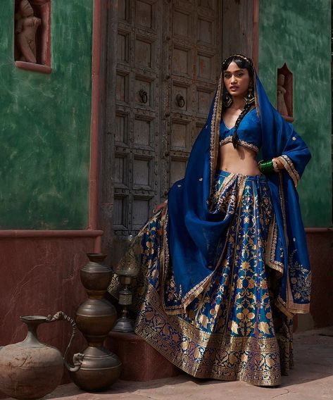 Blue Banarasi Lehenga, Silk Lehenga Banarasi, Banaras Lehenga, Divya Khosla, Pigeon Blue, Blue Silk Saree, Reception Outfit, Mehendi Outfits, Lehenga Designs Simple