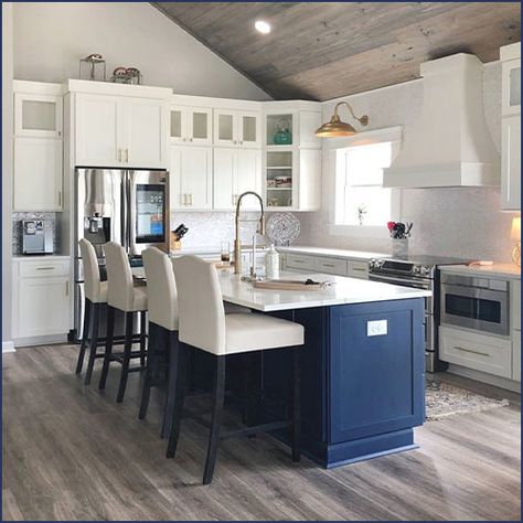 Kitchen With Blue Island, Vaulted Ceiling Decor, Navy Island, Kitchen Cabinet Color, Vaulted Ceiling Kitchen, Paint Cabinets White, Upper Kitchen Cabinets, Bright Kitchen, Kitchen Redesign