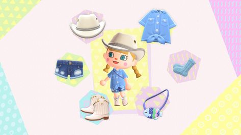 Acnh Cowboy Outfit, Animal Crossing Cowboy Outfit, Animal Crossing Shark Outfit, Yellow Animal Crossing Outfits, Preppy Animal Crossing Clothes, Celeste Animal Crossing Cosplay, Bath Girls, Chapeau Cowboy, Cowboy Outfits