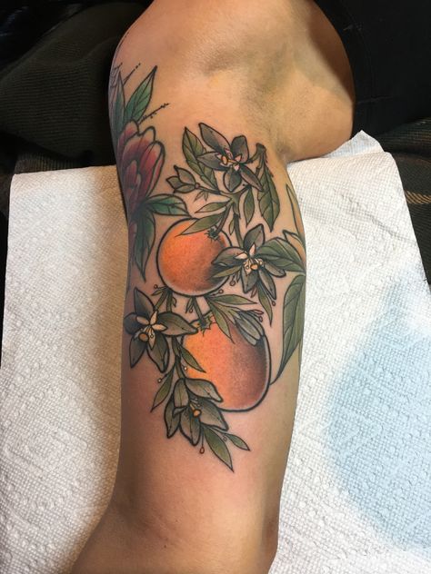 Florida tattoo orange blossom tattoo orange tattoo Rio Vandivier Yuzu Tattoo, Blossom Flower Tattoo, Victory Tattoo, Orange Blossom Flower, Orange Tattoo, Alligator Tattoo, Florida Tattoos, Inner Bicep Tattoo, Fruit Tattoo