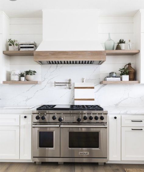 Shelves By Range Hood, Backsplash Feature Over Stove, Range Hood No Upper Cabinets, Range Hood With Shelves, Range Hood With Open Shelving, Most Popular Kitchen Cabinet Colors, Stove Hood Ideas, Popular Kitchen Cabinet Colors, Most Popular Kitchen Cabinet