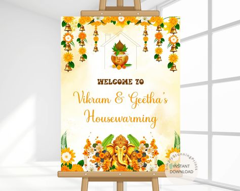 Indian Housewarming Ceremony Welcome Sign | Graha Pravesham Welcome Sign | Housewarming Decoration Poster | Editable Digital Poster by SimplyStunningPrints on Etsy Housewarming Welcome Board, Indian Housewarming, Ceremony Welcome Sign, Ganesh Puja, Housewarming Decorations, Digital Invitations Wedding, Welcome Boards, Invitations Wedding, Digital Poster