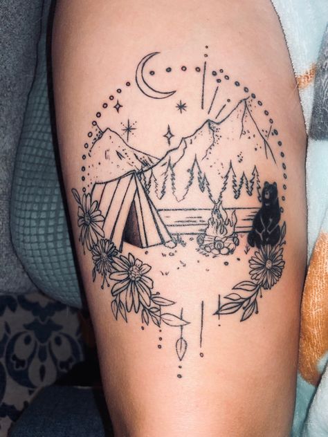 Mountain Tattoo Unique, North Dakota Tattoo, Mountain Tattoo Leg, Camping Tattoo For Women, Flower Leg Tattoos, Camping Tattoo, Moon Mushroom, Circular Tattoo, Mushroom Tattoo