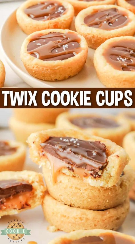 TWIX COOKIE CUPS - Family Cookie Recipes Cookie Butter Dessert Cups, Cookie Shooter Recipes, Cookie In Cupcake Pan, Easy Fancy Cookies Simple, Cookies Made In Muffin Tins, Cookies Cups Recipe, Cookies For Dessert Table, Caramel Cup Cookies, Carmel Cups Cookies