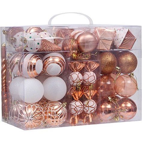 Sea Team 81Pack Assorted Shatterproof Christmas Ball Ornaments Set Decorative Baubles Pendants with Reusable Handheld Gift Package for Xmas Tree Copper (As an Amazon Associate I earn from qualifying purchases) Rose Gold Christmas Decorations, Rose Gold Wedding Cakes, Disney Christmas Decorations, Xmas Theme, Metallic Christmas, Rose Gold Christmas, Christmas Ball Ornaments, Pink Ornament, Pink Christmas Decorations