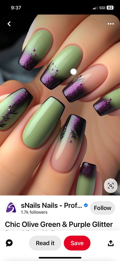 Emerald Green And Pink Nails, Purple And Green Nails Design, Wicked Inspired Nails, Wicked Nails, Ombre Gel Nails, Emerald Nails, Green Nail Designs, Coffin Nails Designs, Purple Nails