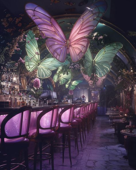 In a hidden corner of New York City lies the Night Butterfly Bar. Tucked away from the chaos of the streets, it’s a sanctuary for those who love the nighttime. Derived from the Dutch word “nachtvlinder,” which captures more than just “night butterfly,” it represents the idea of finding joy and flourishing in the darkness. Here, between the soft glow of the lights, people find comfort in the night. At the Night Butterfly Bar, everyone is welcomed to enjoy its magic within the shadows. AI-gene... Butterfly Night Light, Magical City Aesthetic, Butterfly Interior Design, Magical Cafe, Bars Aesthetic, Butterfly Bar, Night Butterfly, Bar Aesthetic, Dreamscape Architecture