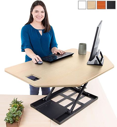 Double Monitor Setup, L Shaped Desks, Standing Desk Riser, Sit To Stand Desk, Corner Standing Desk, Cherry Furniture, Desk Riser, Height Adjustable Desk, Standing Desk Converter