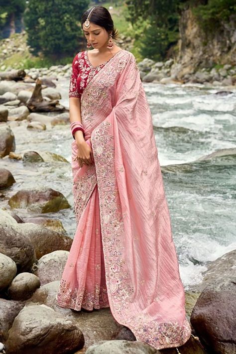 Salmon Pink Heavy Embroidered Saree Work Function Outfit, Peach Colour Saree, Function Outfit, Crush Saree, Peach Color Saree, Dress Saree, Work Function, Peach Colour, Embroidered Saree