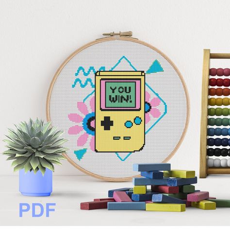 School 90s, Cross Stitch Quotes, Rubix Cube, Floppy Disk, Completed Cross Stitch, Modern Cross Stitch Patterns, 90s Retro, Modern Cross, Game Boy