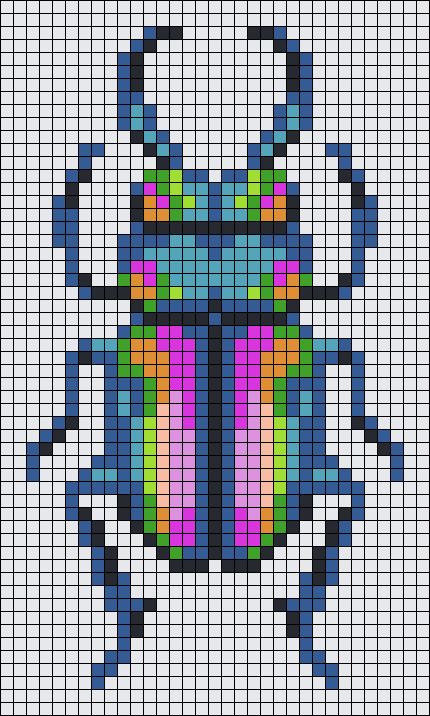 Beetle Pixel Pattern, Beetle Crochet Grid, Dragonfly Grid Pattern, Beetle Cross Stitch Pattern, Pattern Cross Stitch Free, Pixel Art Beetle, Bug Cross Stitch Pattern, Beetle Perler Beads, Insect Alpha Pattern