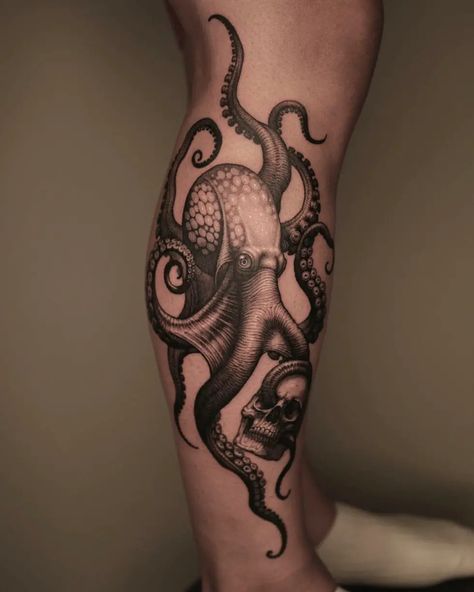 Octopus Tattoos Calf, Octopus Leg Tattoo Men, Octopus Tattoos Men, Octopus Tattoo Arm, Octopus Tattoos For Men, Leg Tattoo Men Ideas, Tattoo Japonais, Kraken Tattoo, Squid Tattoo