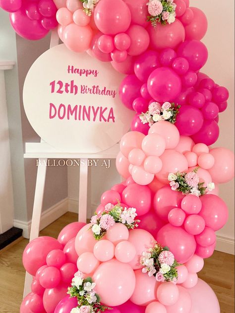 Easel setup with different light pinks and dark and some flowers mixed in. Beautiful gift idea or birthday party decor! Adjustable Pink Bracelet For Birthday, Pink Adjustable Bracelet For Birthday, Pink And White Balloon Columns, Balloon Easel, Pink Tassel Party Set, Pink Birthday Welcome Sign, Happy 12th Birthday, Birthday Party Decor, Pink Balloons