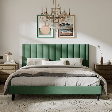 Willa Arlo Interiors Sonoma Platform Bed | Wayfair Velvet Upholstered Bed, Wingback Bed, Velvet Headboard, Luxurious Bed, Velvet Bed, Upholstered Bed Frame, Tufted Headboard, Bedroom Green, Wooden Slats