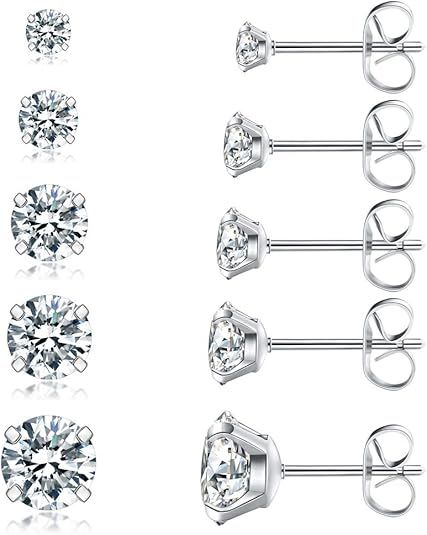 SET OF 5 PAIRS - Package includes 5 pairs of stud earrings in 5 sizes, 3mm/4mm/5mm/6mm/8mm. Gauge Size: 20G =0.8mm, pin size: 10 mm. The butterfly buckle add extra protection for you.
SHINY CUBIC ZIRCONIA - Made of high quality AAA+ cubic zirconia, which is luxury and classic, perfectly match your various wearing style, make you the focus in the crowd.
FINE CRAFT - The fine craft of plating and 316L stainless steel makes this stud earrings set a perfect gift for your loved ones. 100% Chic Necklace, Wearing Style, Shopping Deals, Fine Craft, Cz Earrings, Earring Crafts, Men Earrings, Stud Earrings Set, Stunning Jewellery