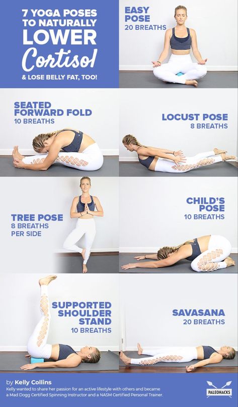 7 Yoga Poses to Naturally Lower Cortisol & Lose Belly Fat, Too! Kelly Collins, Latihan Yoga, Yoga Iyengar, Yoga Posen, Easy Yoga Poses, Yoga Exercises, Easy Yoga Workouts, Restorative Yoga, Pose Yoga