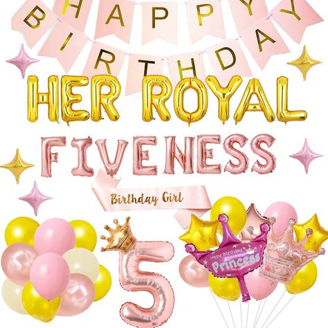 PRICES MAY VARY. What You’ll Get: HER ROYAL FIVENESS letter balloons, 1 happy birthday banner, Birthday Girl sash, number 5 big foil balloon, 1 small crow balloon(gold), 1big crown balloon(rose gold), 1 princess crown balloon, 5 four-star shape balloons, 2 gold star balloons, 1 rose gold star balloons, 16 latex balloons(4 colors). Size: The HER ROYAL FIVENESS letter balloons are 16inch. The number 5 foil balloon is 32inch. The princess crown balloon is 75x80cm. The latex balloons are 10inch. We Her Royal Fiveness Birthday, Bday Balloons, Royal Fiveness, 5th Birthday Girls, Princess Toadstool, Princess Birthday Party Decorations, Princess Theme Birthday, Happy Birthday Princess, Princess Theme Birthday Party