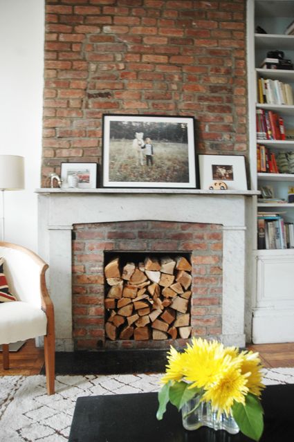 Wood In Fireplace Stacked, Fireplace Alternatives, Stacked Firewood, Empty Fireplace Ideas, Exposed Brick Fireplaces, Unused Fireplace, House Fireplace, Fireplace Feature Wall, Red Brick Fireplaces