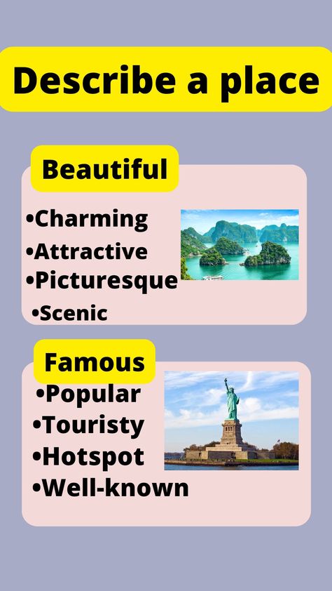 English vocabulary Adjectives To Describe A Place, Describing Places Vocabulary, Adjectives Describing Places, Ielts Vocabulary Synonyms, Describing A Place Writing, Ielts Synonyms Words, Adjectives To Describe Places, Improve English Writing Skills, American English Words