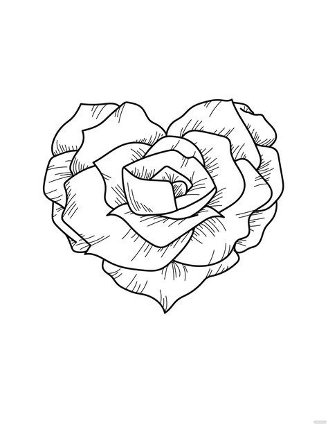 Heart And Rose Drawing, Flower Drawing Ideas Creative, Heart Shaped Rose Tattoo, Rose Drawings Simple, Hearts And Roses Drawing, Heart Stencil Tattoo, Rose Tattoo Stencils, Tattoo Templates Stencil, Heart Rose Drawing