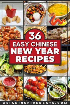 Happy Chinese New Year - the Year of the Dragon! Celebrate with this roundup of 36 Easy Chinese New Year Recipes that feature a variety of popular Chinese dishes for celebrating this festive Asian holiday. From Chinese soups and appetizers to Chinese dinner recipes and Asian desserts, there's something here for everyone to enjoy. World cuisine at its best! Asia Foods, Chinese New Year Recipes, Chinese Dishes Recipes, New Year Recipes, Chinese Soups, Chinese Appetizers, Healthy Chinese Recipes, Popular Chinese Dishes, Prepper Food