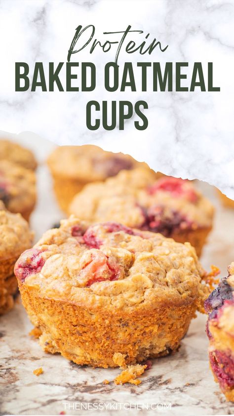 Perfect for a satisfying breakfast on the go, these protein baked oatmeal cups contain 10 grams of protein per cup, are mixed together in just one bowl and freeze wonderfully. This recipe is endlessly customizable and I've included a base recipe plus 5 different variations. Baked Oatmeal Cups Recipes, Protein Oatmeal Muffins, Oatmeal Protein Muffins, Protein Baked Oatmeal, Oatmeal Breakfast Recipes, Low Calorie Oatmeal, Oat Waffles, Low Carb Oatmeal, Instant Porridge