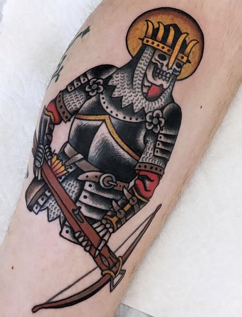 Japanese Knight Tattoo, Traditional Friendship Tattoo, Hinge Tattoo, Medieval Style Tattoo, American Traditional Tattoos Black, Folk Tattoos, Yellow Rose Tattoo, Feminine Tattoo Designs, Skeleton Knight