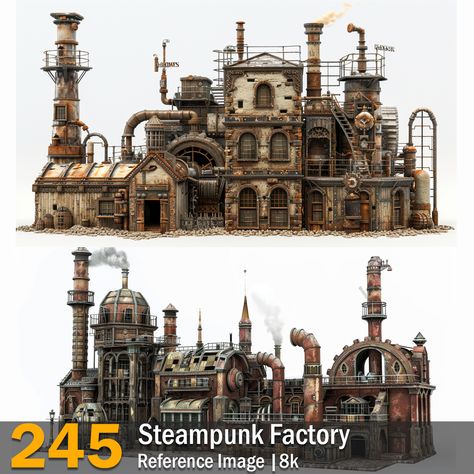 Steampunk Factory | Reference Images | 8K,  on ArtStation at https://www.artstation.com/artwork/Evl2D8 Steampunk Tower, Steampunk Castle, Steampunk Factory, Steampunk Cowboy, Sci Fi Furniture, Steampunk Building, Steampunk Train, Steampunk Architecture, Factory Exterior