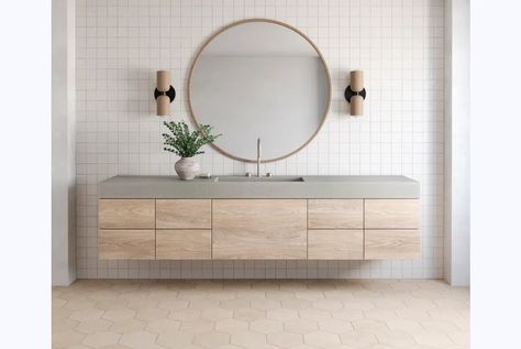 Makoto Tile and Sahara Mosaic in Bath Limestone Grey, Bedrosians Tile, Square Mosaic Tile, Shoji White, Mindoro, Matte Porcelain Tile, Porcelain Mosaic Tile, Modern Baths, Hexagon Tiles